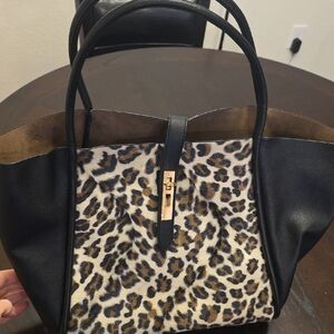 NEW! Leopard Print Black Leather Tote Bag